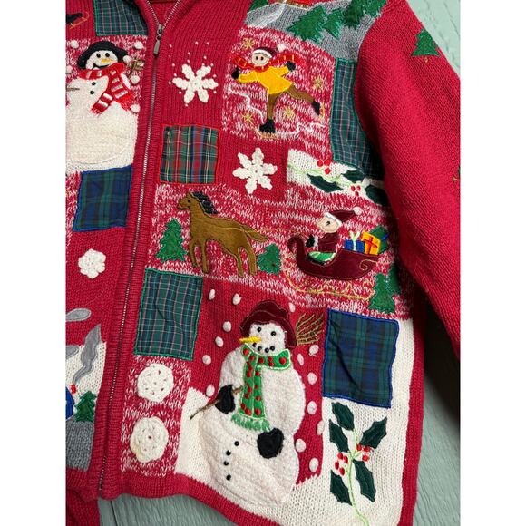 Vintage Christmas Sweater Jacket – P/L – Multi-Patch Snowmen Ice Skating Scene - Picture 4 of 6